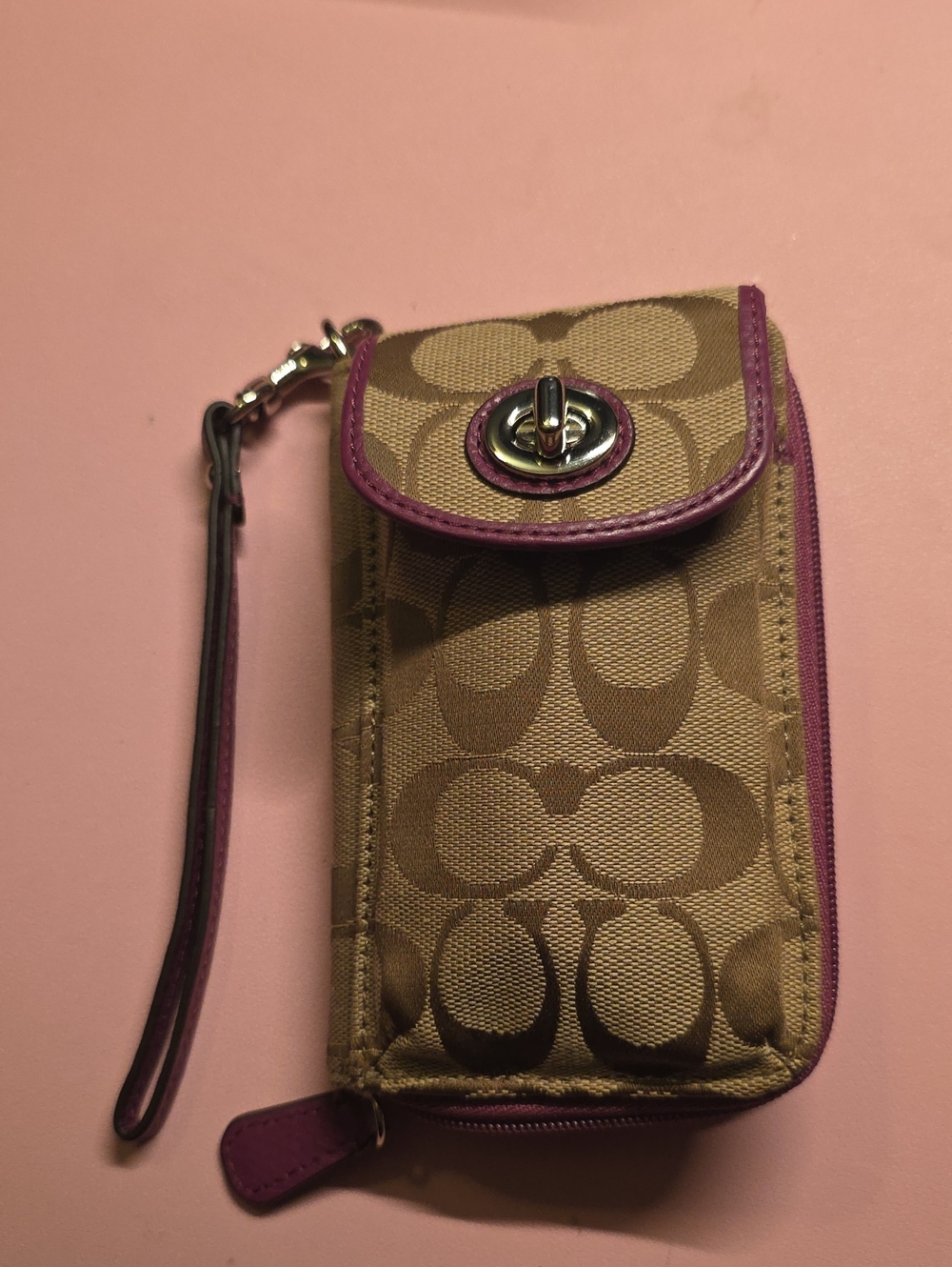 Y2k Coach Khaki Signature Canvas Wristlet Phone Case with Purple Trim